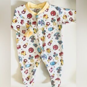100% Soft Cotton Baby One-Piece Footed Romper in Multi Toy Print - Yellow Trim